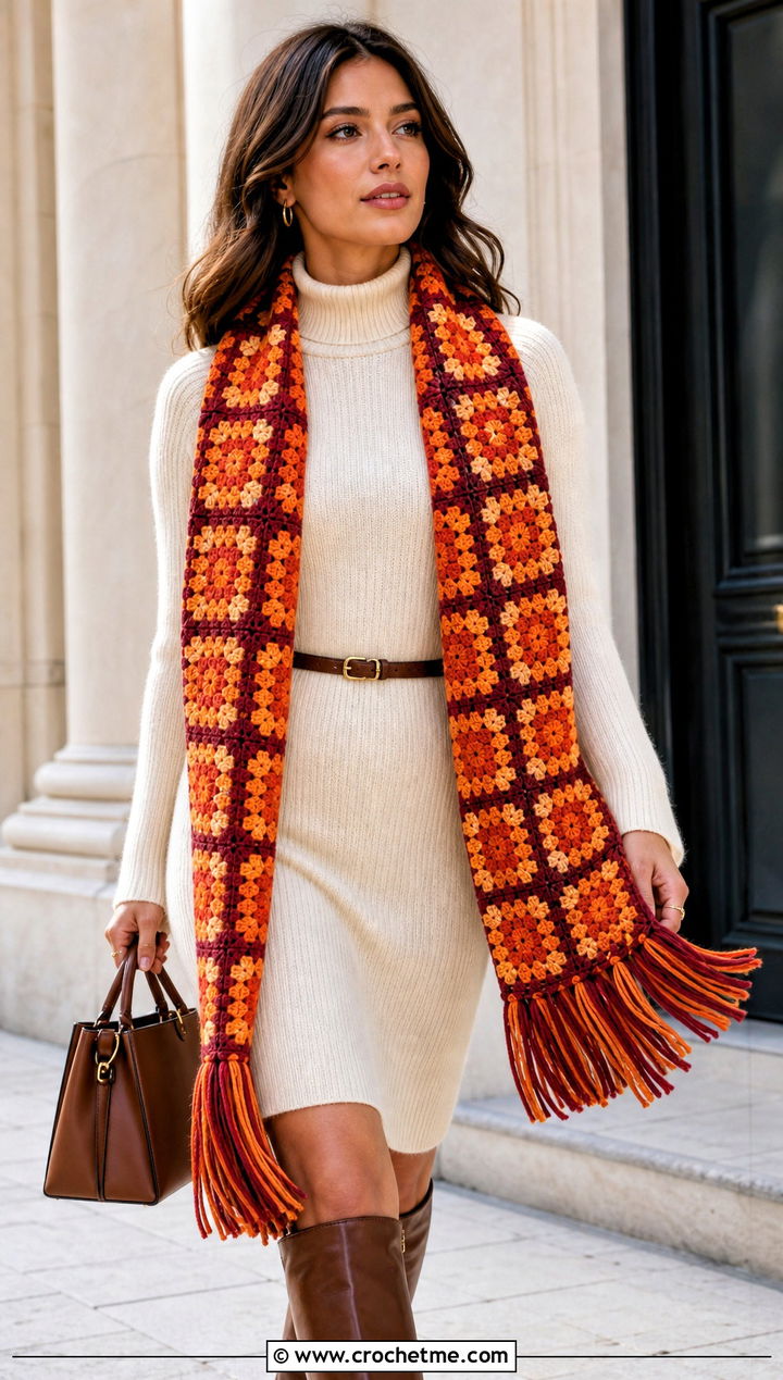 Fringe Mosaic Crochet Scarf With Sweater Dress - 25 Mosaic Crochet Scarf outfit ideas