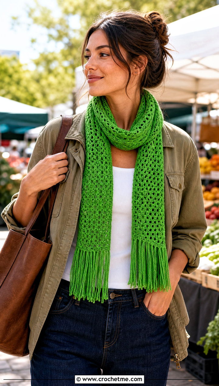 Fringe Narrow Crochet Scarf With Utility Jacket - 25 Narrow Crochet Scarf outfit ideas