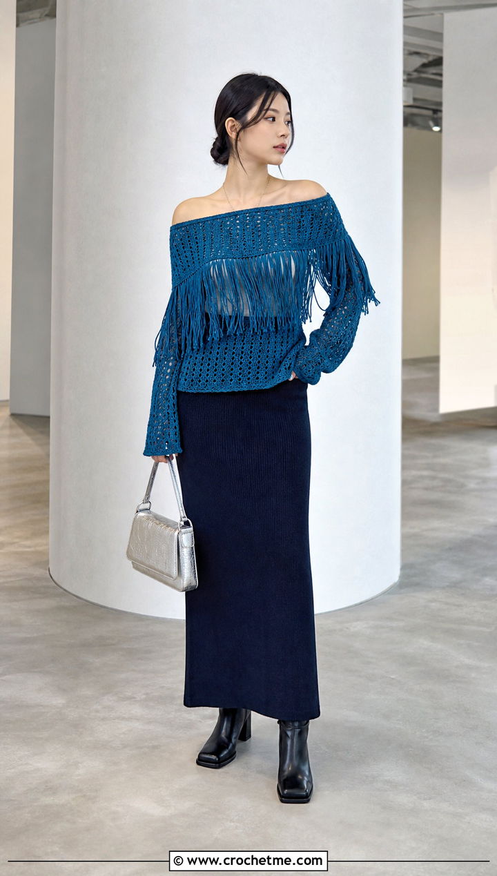 Fringe Off The Shoulder Crochet Sweater With Column Skirt - 30 off the shoulder crochet sweater outfit ideas