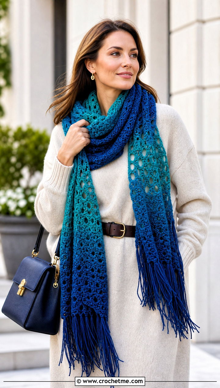 Fringe Ombre Crochet Scarf With Sweater Dress - 25 Ombre Crochet Scarf outfit ideas