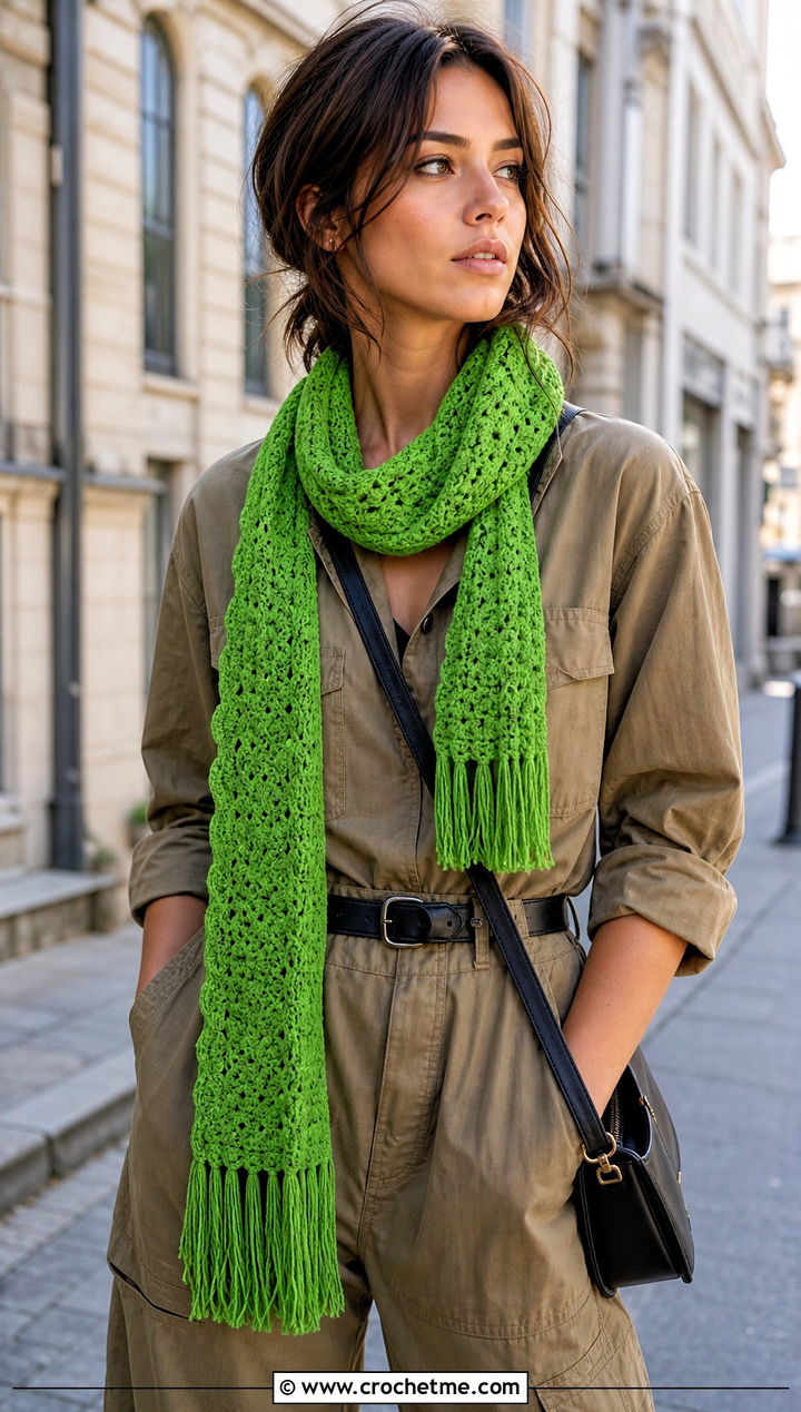 Fringe One Ball Crochet Scarf With Utility Jumpsuit - 15 one ball crochet scarf outfit ideas