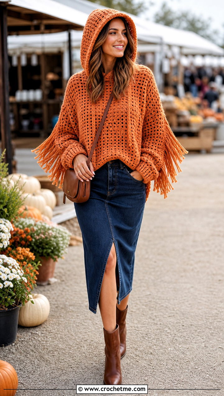 Fringe Oversized Crochet Hoodie With Denim Midi Skirt - 20 oversized crochet hoodie outfit ideas