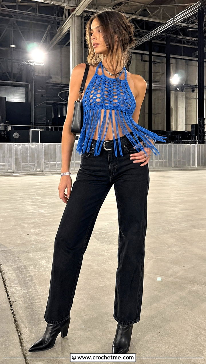 Fringe Peekaboo Crochet Top With Black Denim - 25 peekaboo crochet top outfit ideas