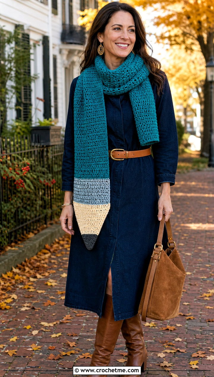 Fringe Pencil Crochet Scarf With Denim Dress - 30 Pencil Crochet Scarf outfit ideas