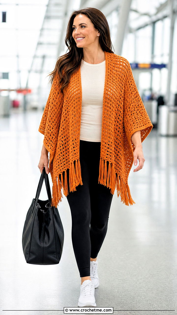 Fringe Poncho Crochet Cover Up Top With Black Leggings - 35 crochet cover up top outfit ideas