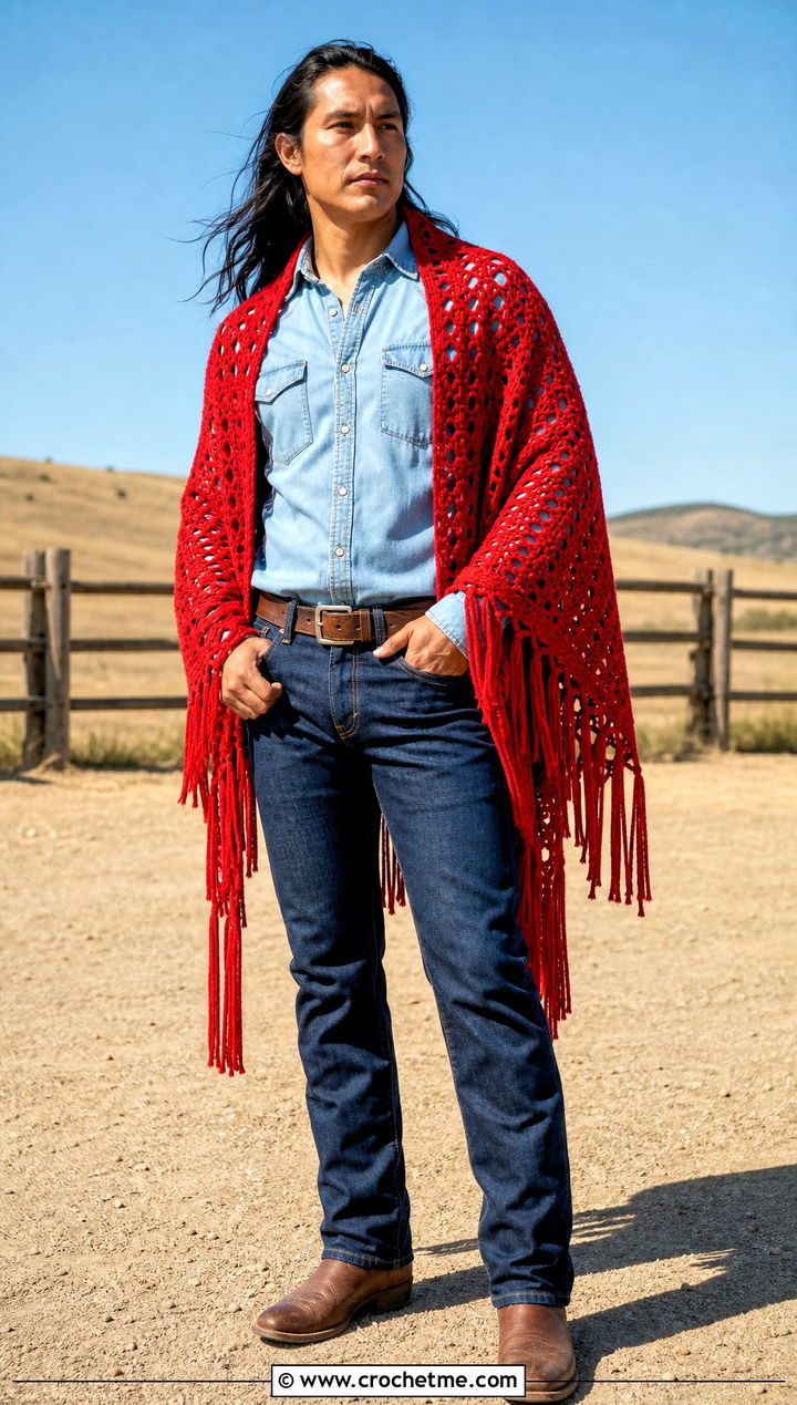 Fringe Prayer Shawl With Western Shirt And Straight Jeans - 20 Mens Crochet Prayer Shawl outfit ideas