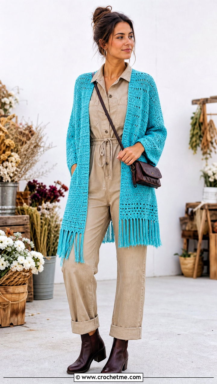 Fringe Rectangle Crochet Cardigan With Utility Jumpsuit - 20 Crochet Cardigan From Rectangle outfit ideas