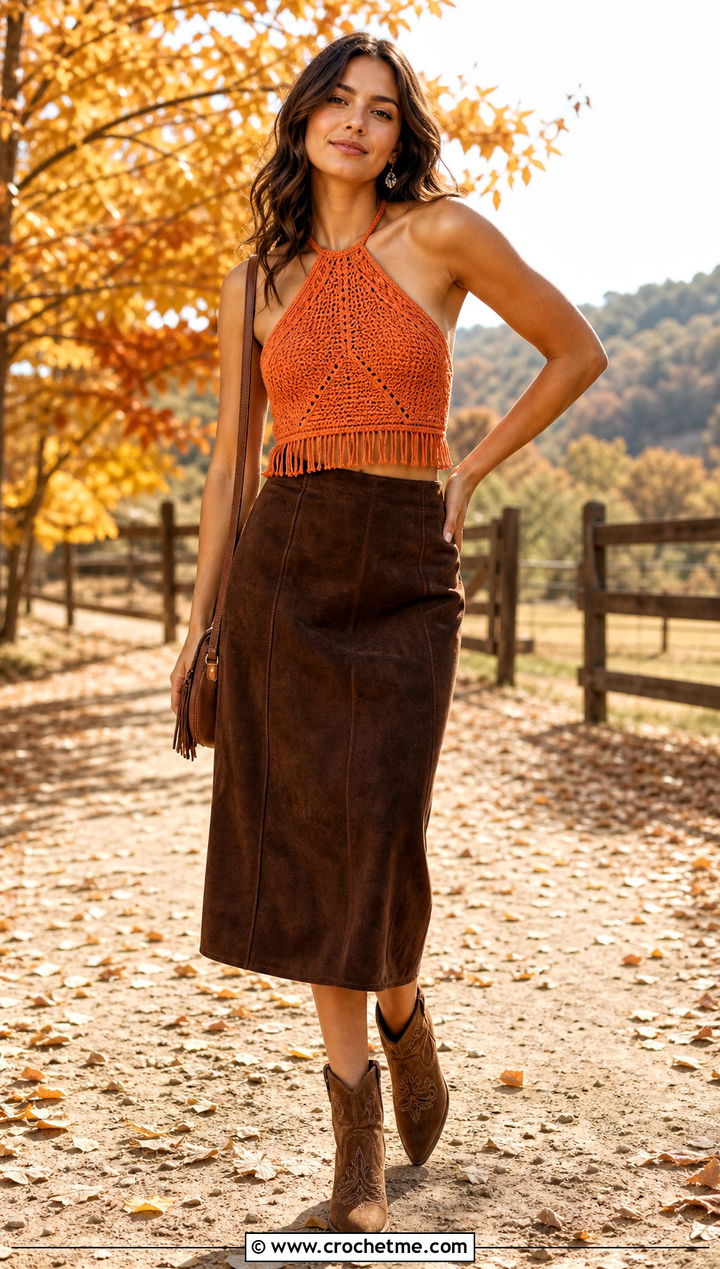 Fringe Ribbon Crochet Halter With Suede Midi Skirt - 35 crochet top with ribbon outfit ideas