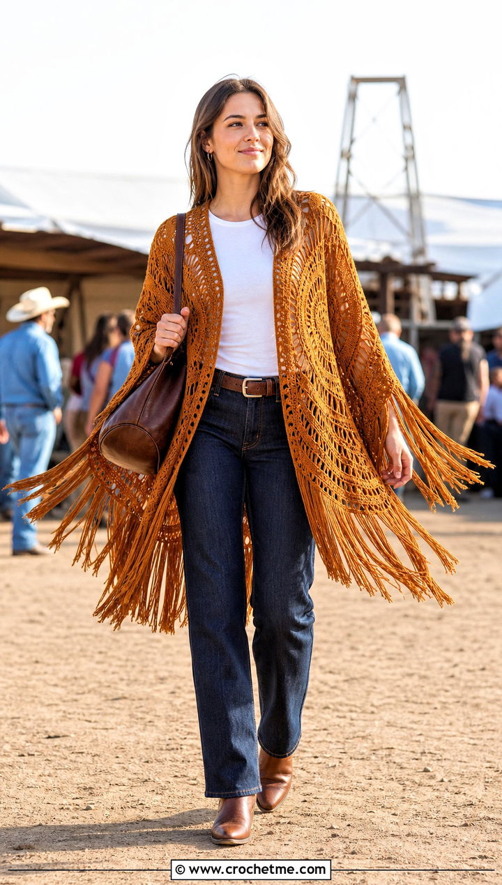Fringe Round Crochet Cardigan With Western Boots - 35 round crochet cardigan outfit ideas