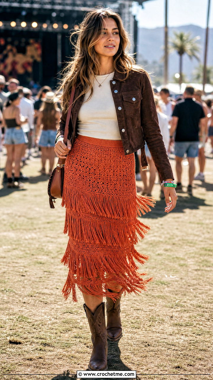 Fringe Ruffle Crochet Midi Skirt With Suede Jacket - 35 crochet ruffle skirt outfit ideas