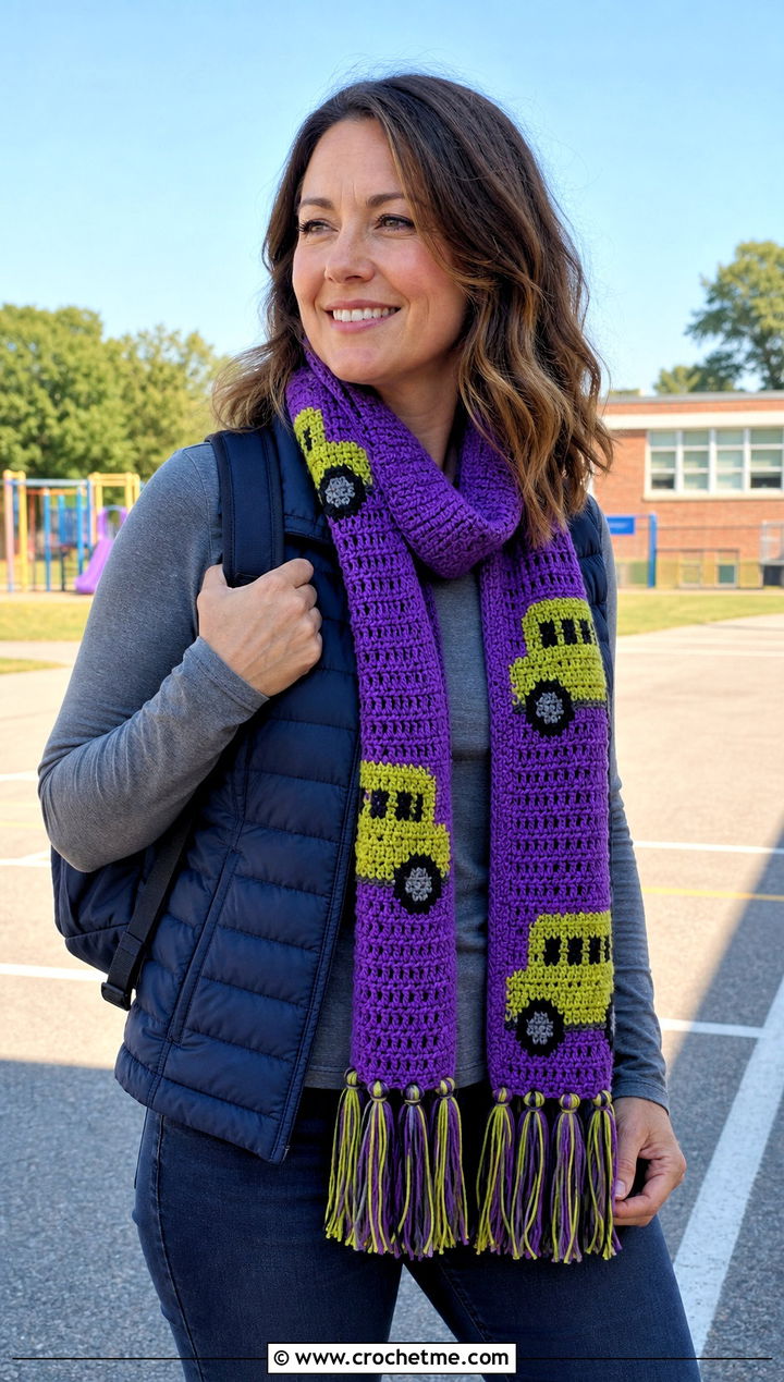 Fringe School Bus Scarf With Puffer Vest - 25 Crochet School Bus Scarf outfit ideas