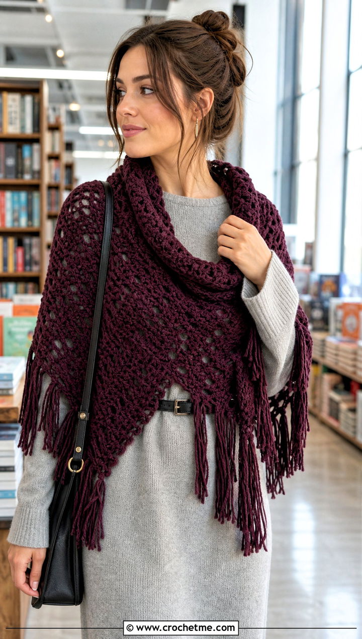 Fringe Shawl With Sweater Dress - 25 Crochet Shawl In A Cake outfit ideas