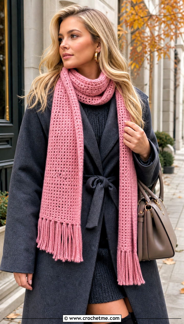 Fringe Single Crochet Scarf With Sweater Dress And Knee Boots - 25 Single Crochet Scarf outfit ideas