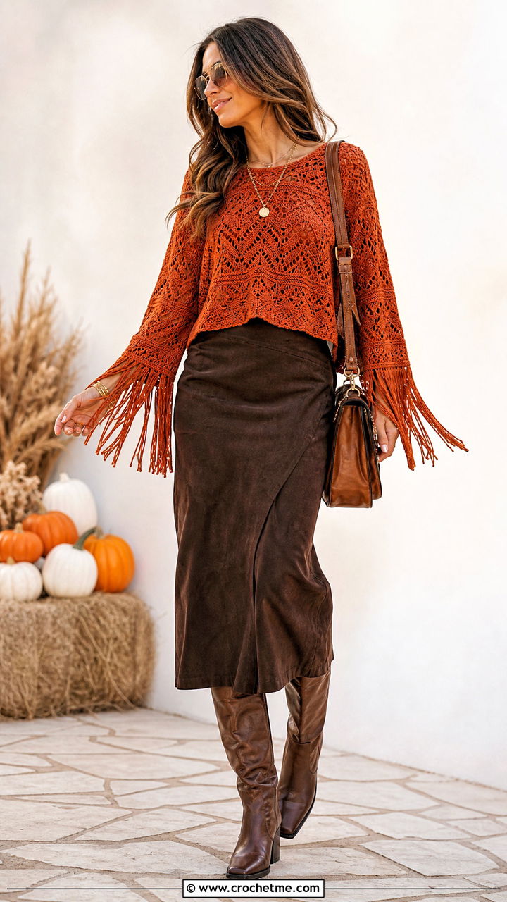 Fringe Sleeve Crochet Top With Suede Midi Skirt - 35 crochet top with sleeves outfit ideas