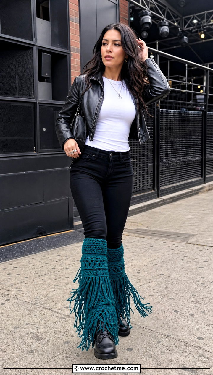 Fringe Slouchy Crochet Leg Warmers With Leather Jacket - 25 Slouchy Crochet Leg Warmers outfit ideas