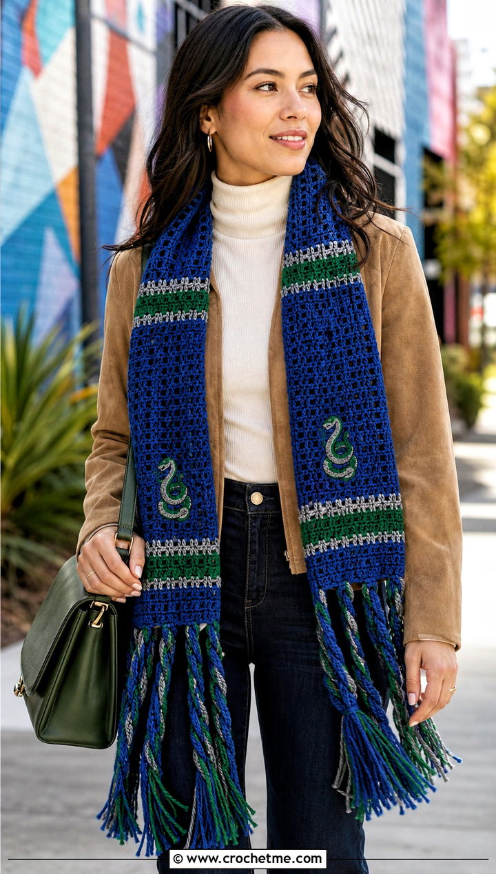Fringe Slytherin Crochet Scarf With Suede Jacket - 30 slytherin crochet scarf outfit ideas