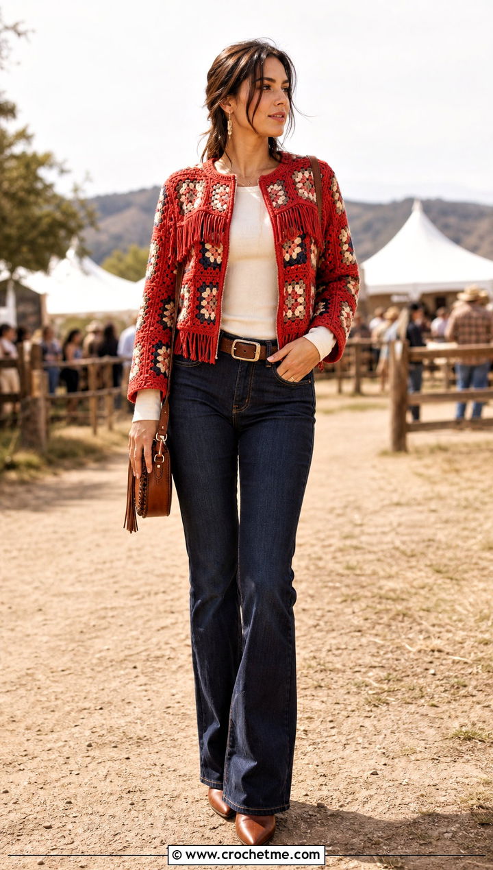 Fringe Square Jacket With Western Jeans - 30 crochet square jacket outfit ideas