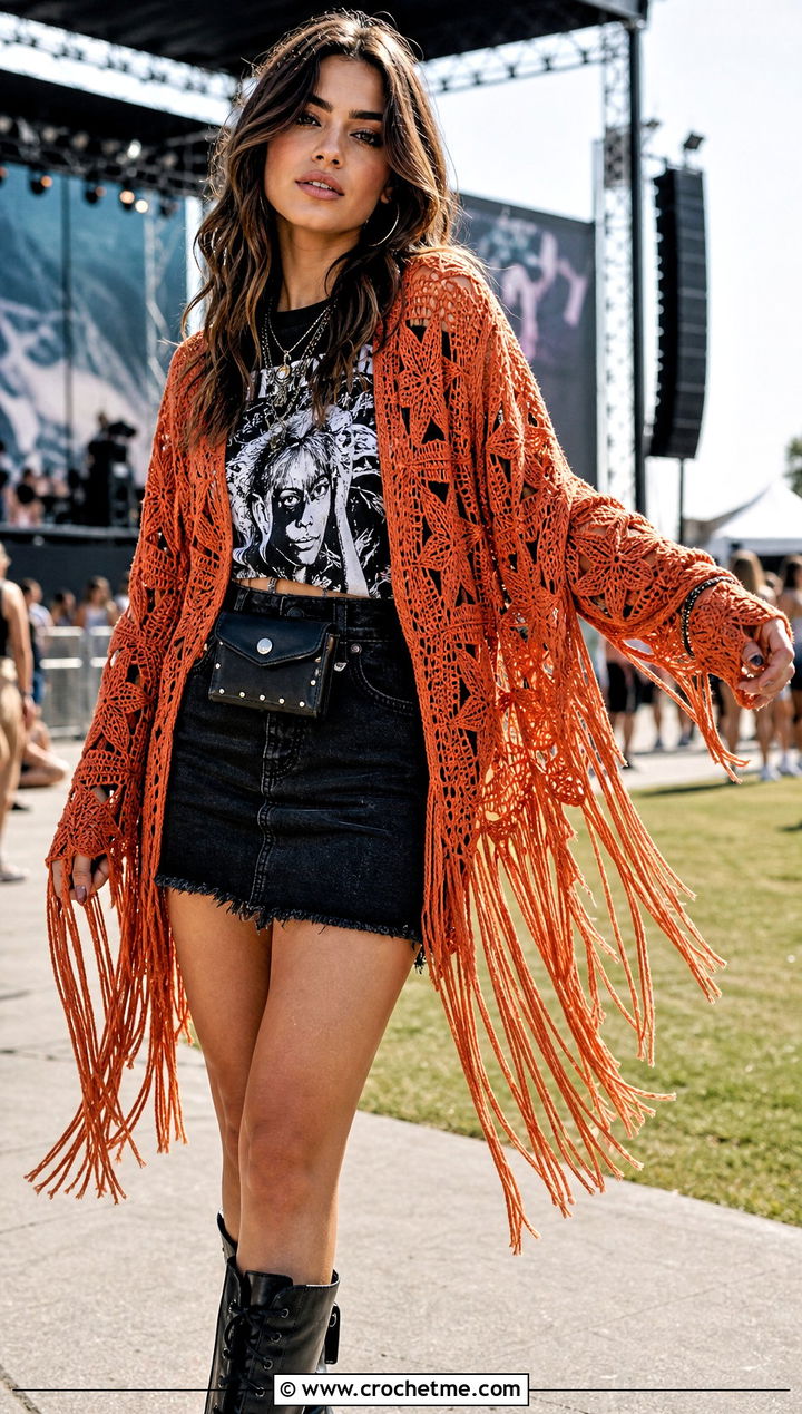 Fringe Star Crochet Shawl With Graphic Tee - 30 star crochet shawl outfit ideas