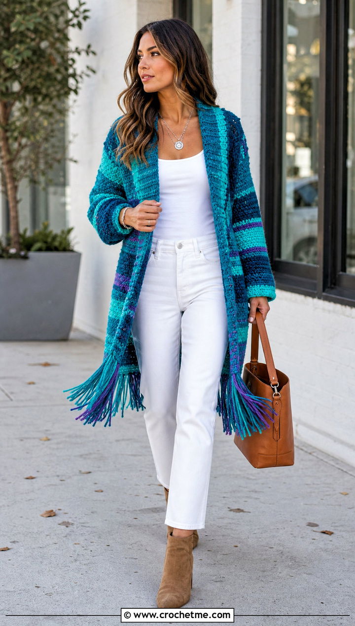 Fringe Stripe Crochet Cardigan With White Jeans - 25 striped crochet cardigan outfit ideas