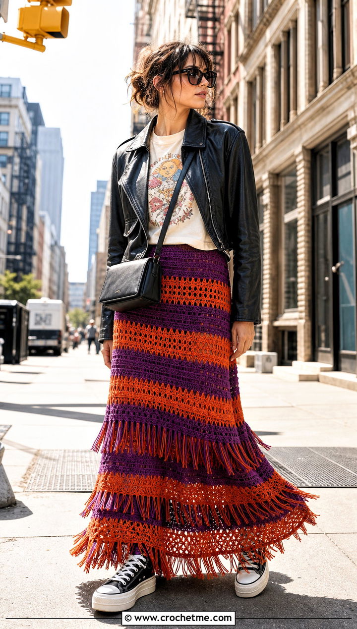 Fringe Striped Crochet Maxi Skirt With Graphic Tee - 25 striped crochet skirt outfit ideas