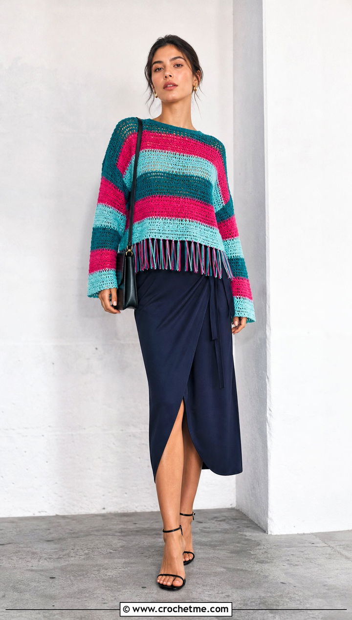 Fringe Striped Crochet Sweater With Wrap Skirt - 30 striped crochet sweater outfit ideas