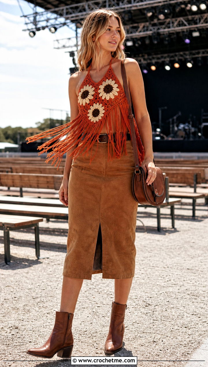 Fringe Sunflower Halter Top With Suede Midi Skirt - 35 crochet sunflower top outfit ideas