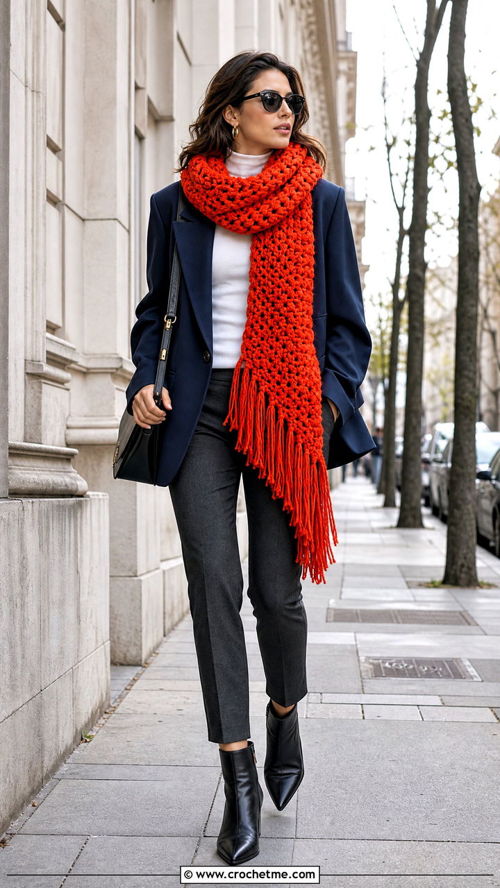 Fringe Super Chunky Crochet Scarf With Oversized Blazer - 35 chunky crochet scarf outfit ideas