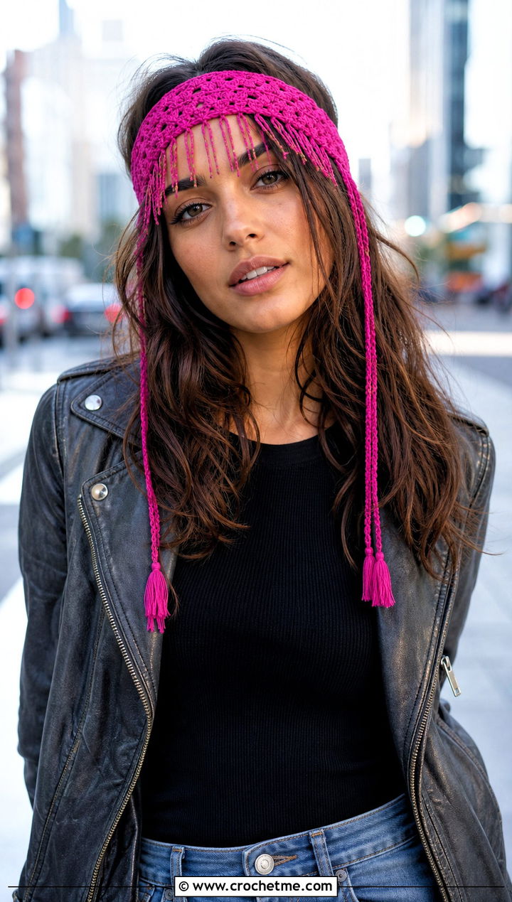 Fringe Tie Crochet Hippie Headband With Leather Jacket - 25 crochet hippie headband outfit ideas