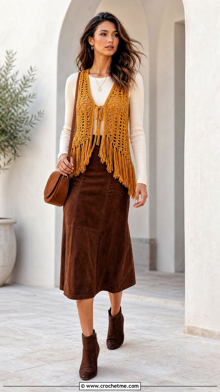 Fringe Tie Crochet Vest With Suede Midi Skirt - 35 crochet tie vest outfit ideas