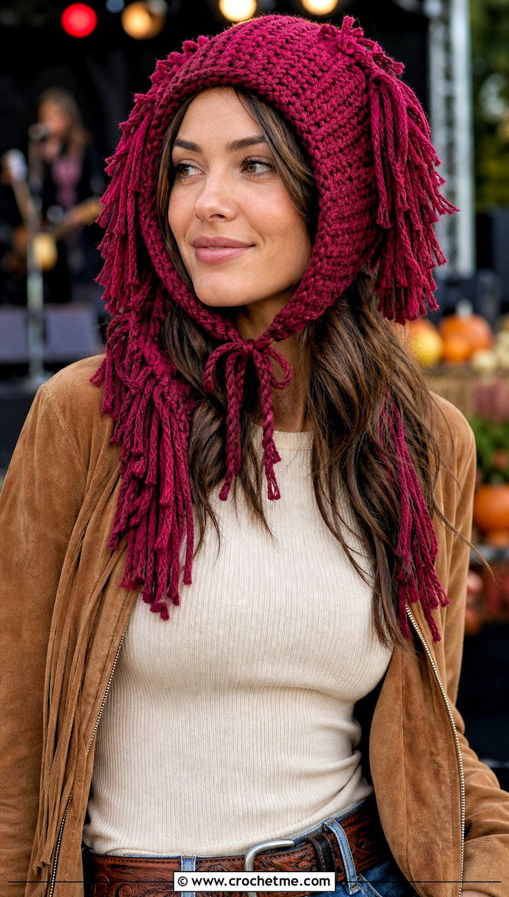 Fringe Tie Ear Flap Hat With Suede Jacket - 25 crochet ear flap hat outfit ideas