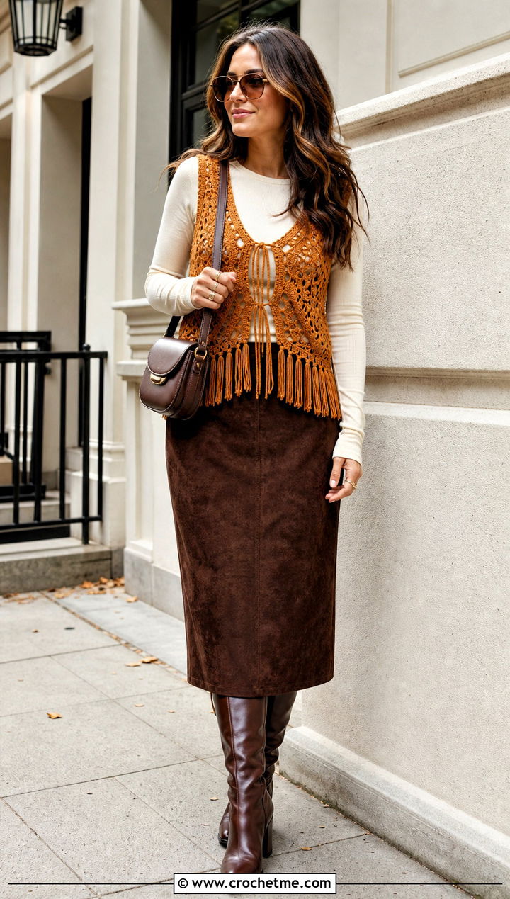 Fringe Tie Front Crochet Top With Suede Midi Skirt - 25 Crochet Top With Ties outfit ideas