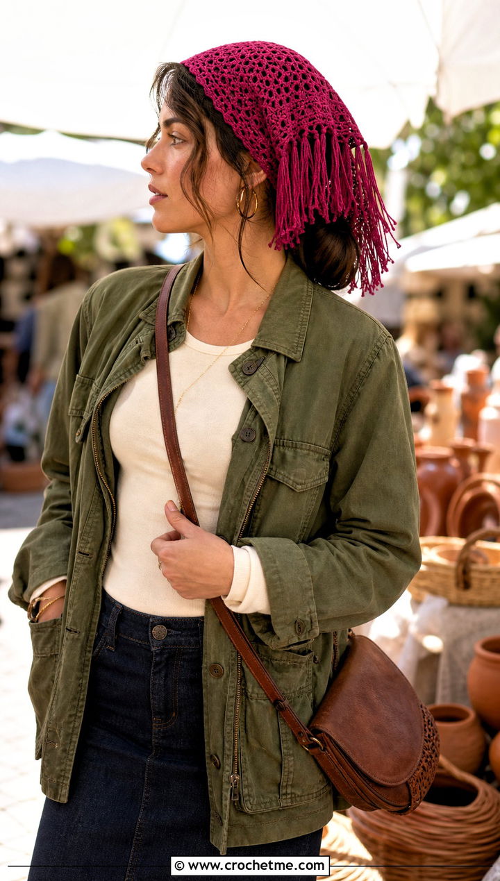Fringe Triangle Crochet Hair Scarf With Utility Jacket - 15 Crochet Hair Scarf Ideas