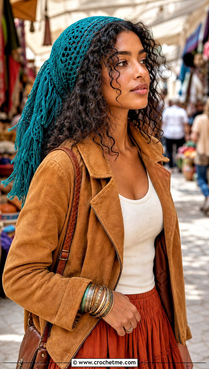 Fringe Triangle Crochet Head Scarf With Suede Jacket and Maxi Skirt - 25 Crochet Boho Head Scarf outfit ideas