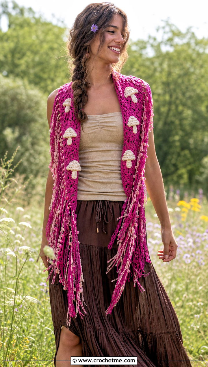 Fringe Triangle Crochet Mushroom Scarf With Maxi Skirt - 15 Crochet Mushroom Head Scarf outfit ideas
