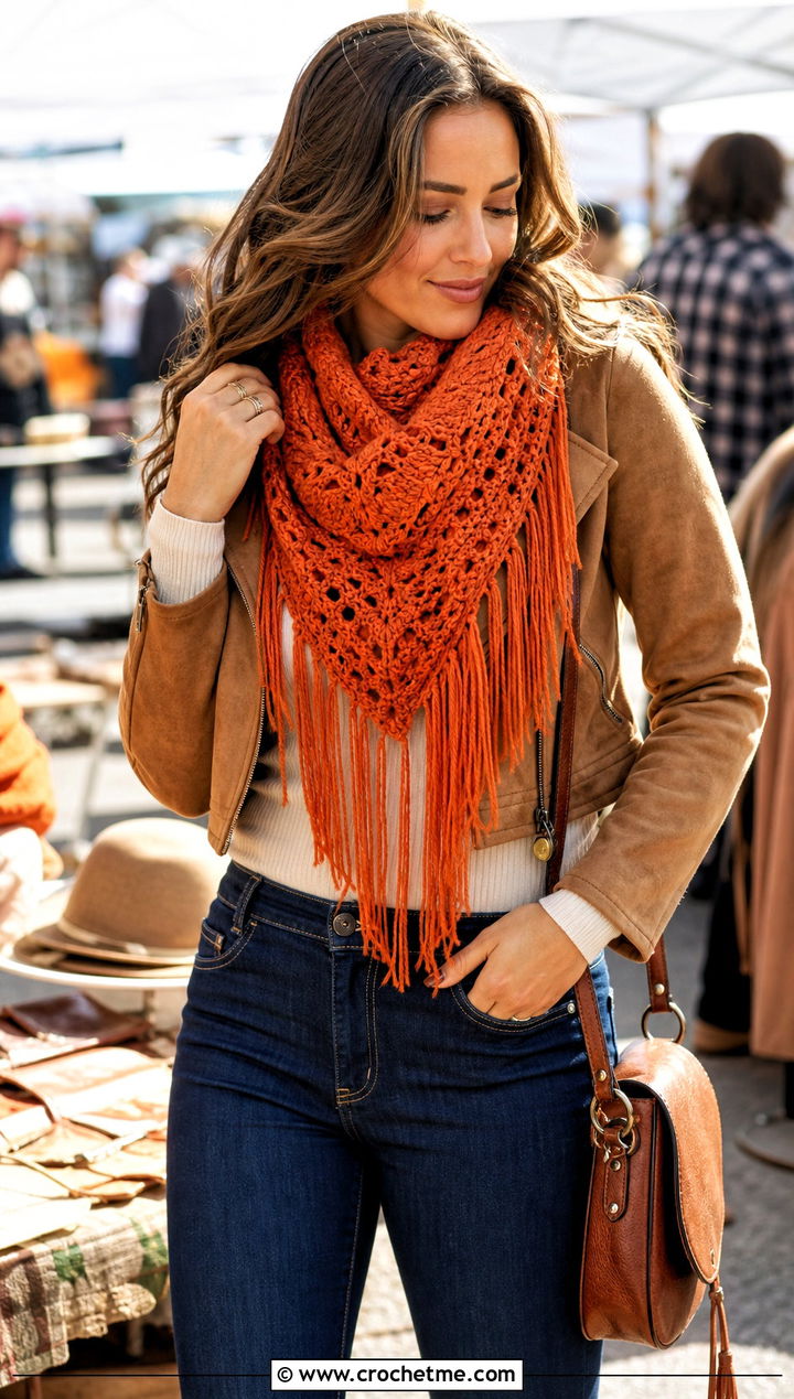 Fringe Triangle Crochet Scarf With Suede Jacket And Flared Jeans - 15 One Skein Triangle Crochet Scarf outfit ideas