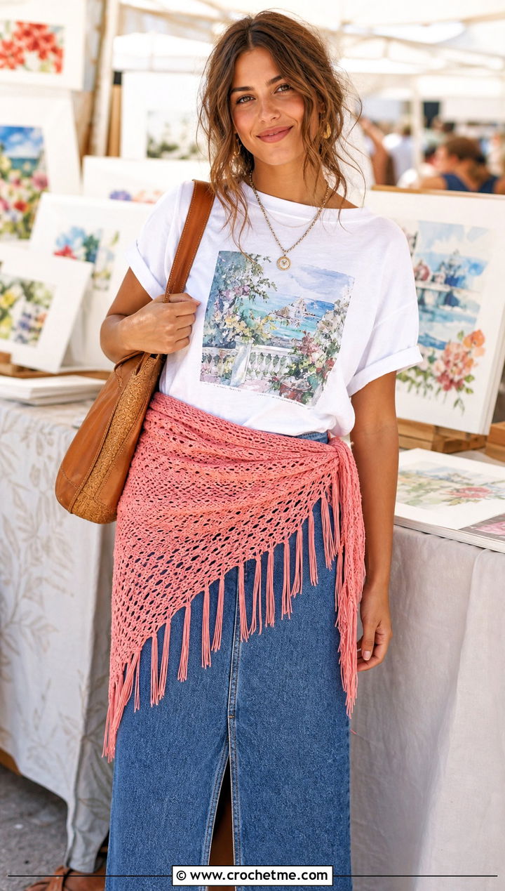 Fringe Triangle Crochet Summer Scarf With Graphic Tee And Denim Skirt - 30 crochet summer scarf outfit ideas