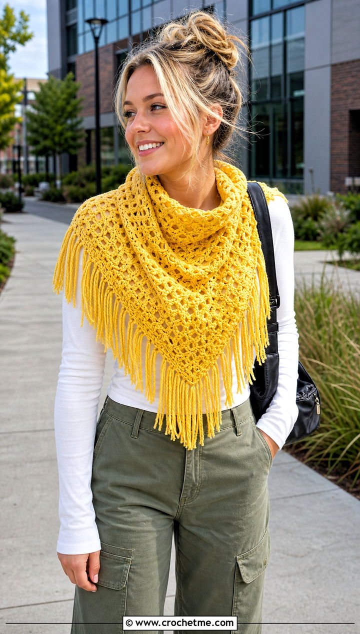 Fringe Triangle Shawl With Cargo Pants - 15 Lion Brand Crochet Shawl In A Ball outfit ideas