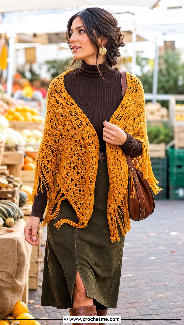 Fringe Triangle Shawl With Suede Midi Skirt - 25 Vintage Crochet Shawl outfit ideas