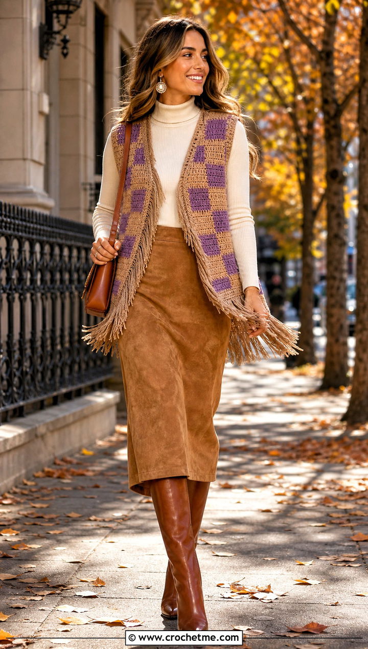 Fringe Trim Checkered Crochet Vest With Suede Skirt - 30 checkered crochet vest outfit ideas