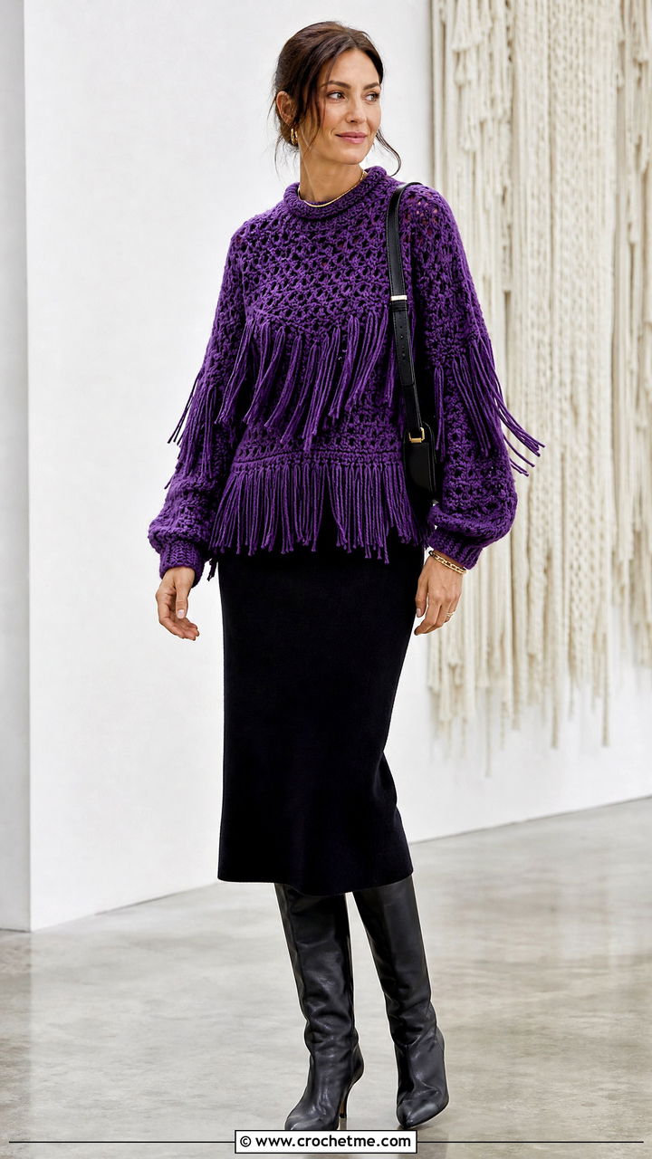 Fringe Trim Chunky Crochet Jumper With Column Midi Skirt - 35 chunky crochet jumper outfit ideas