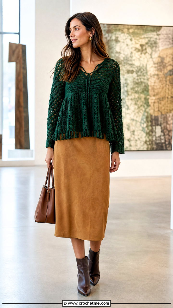 Fringe Trim Crochet Babydoll Top With Suede Midi Skirt - 35 crochet babydoll top outfit ideas