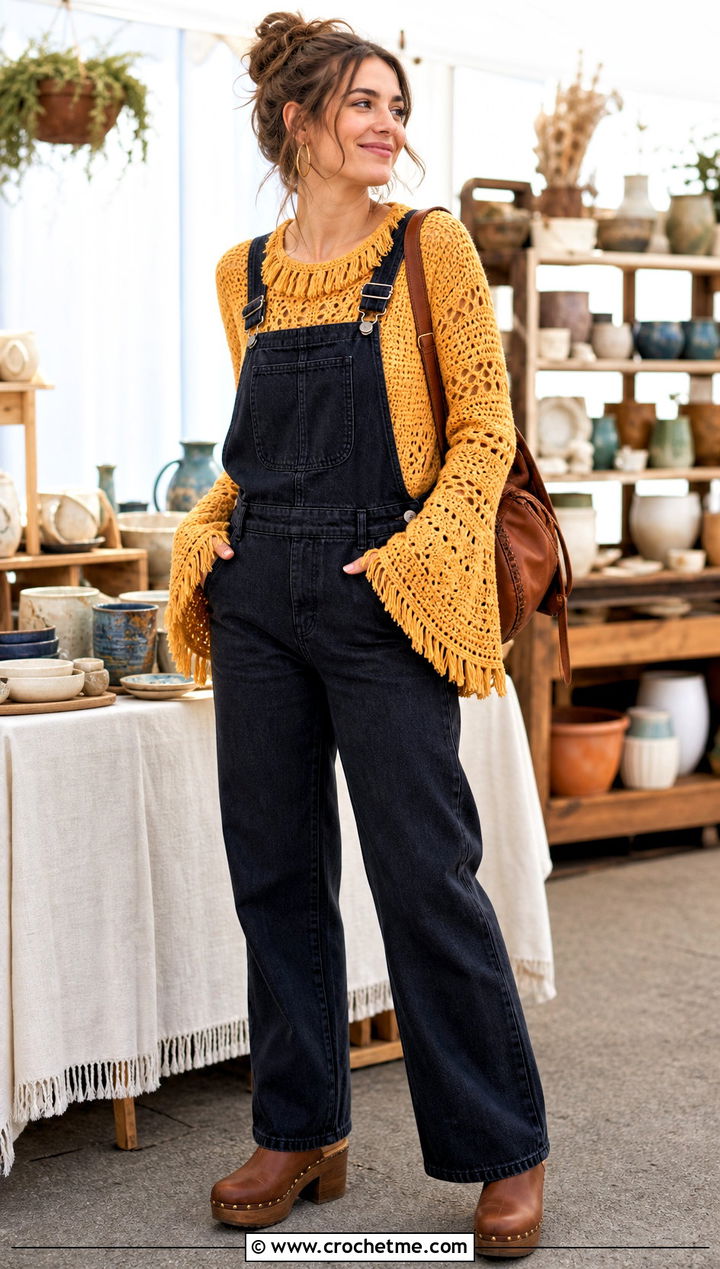 Fringe Trim Crochet Bell Sleeve Sweater With Denim Overalls - 25 crochet bell sleeve sweater outfit ideas