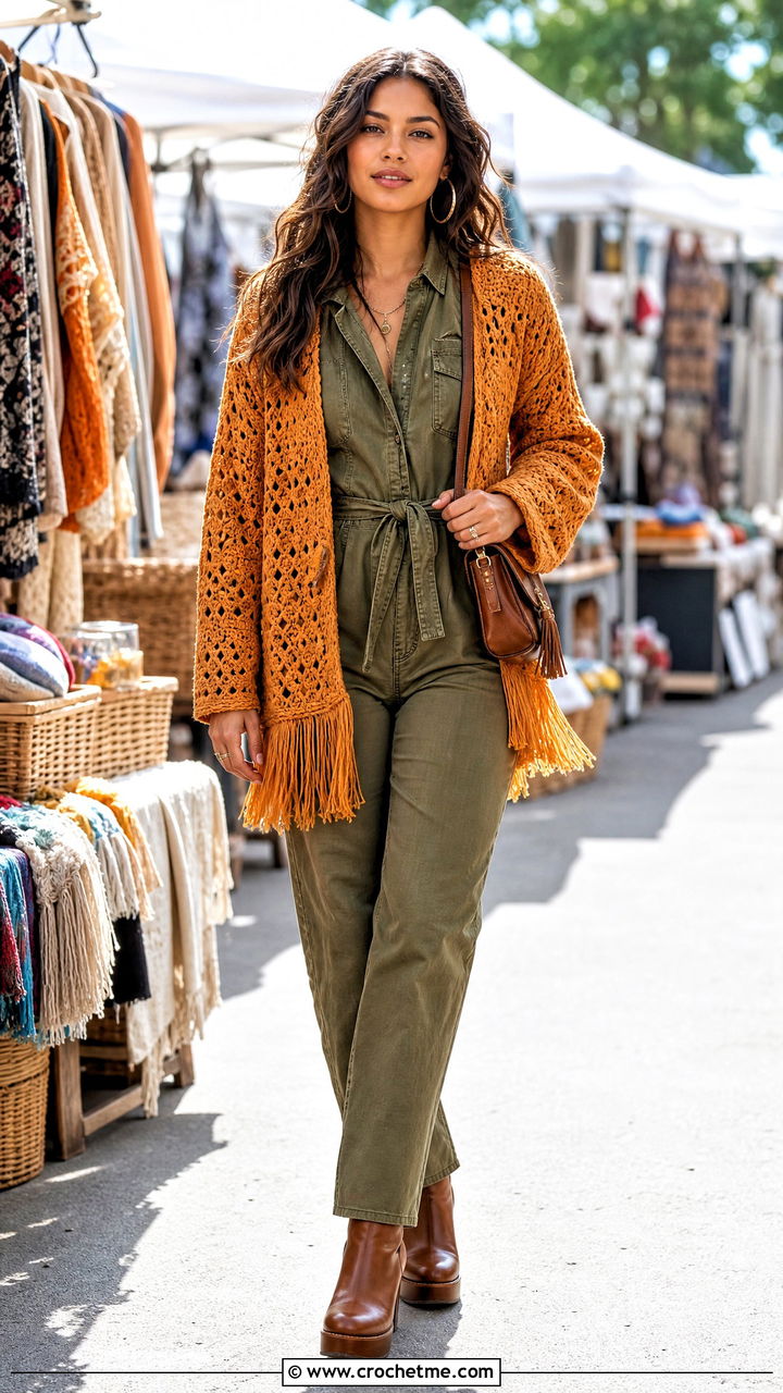 Fringe Trim Crochet Bog Jacket With Utility Jumpsuit - 35 Crochet Bog Jacket outfit ideas