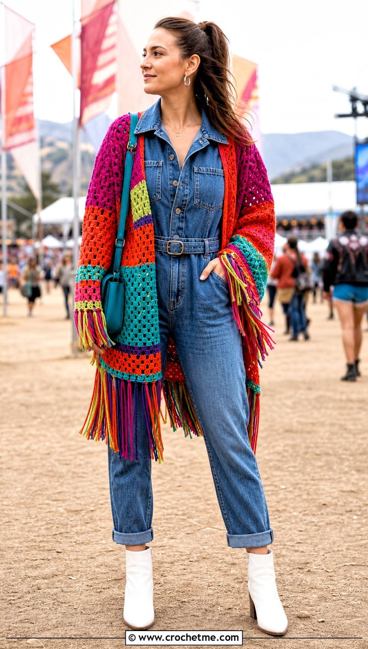 Fringe Trim Crochet Cardigan With A Denim Jumpsuit - 25 Crochet Colourful Cardigan outfit ideas