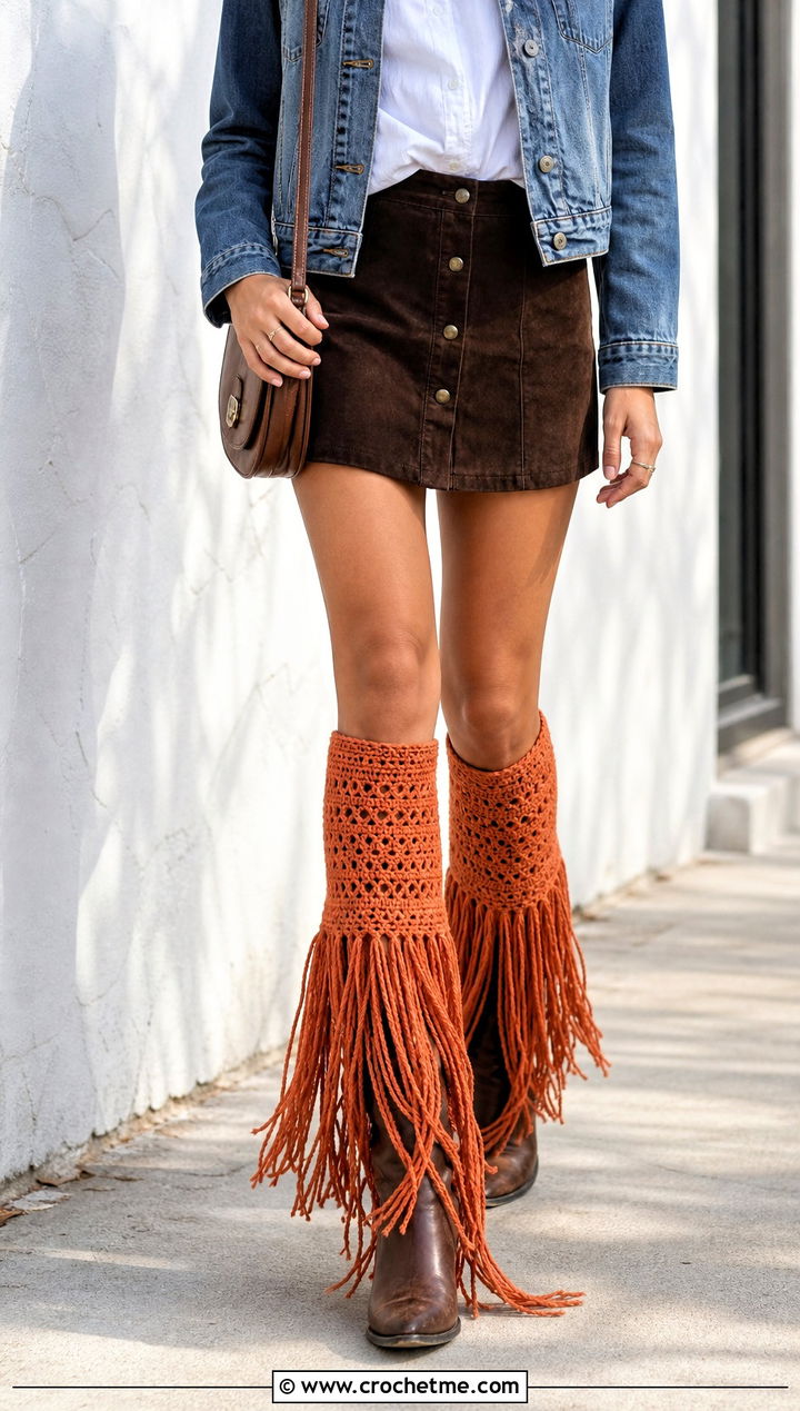Fringe Trim Crochet Flared Leg Warmers With Suede Skirt - 30 Crochet Flared Leg Warmers outfit ideas