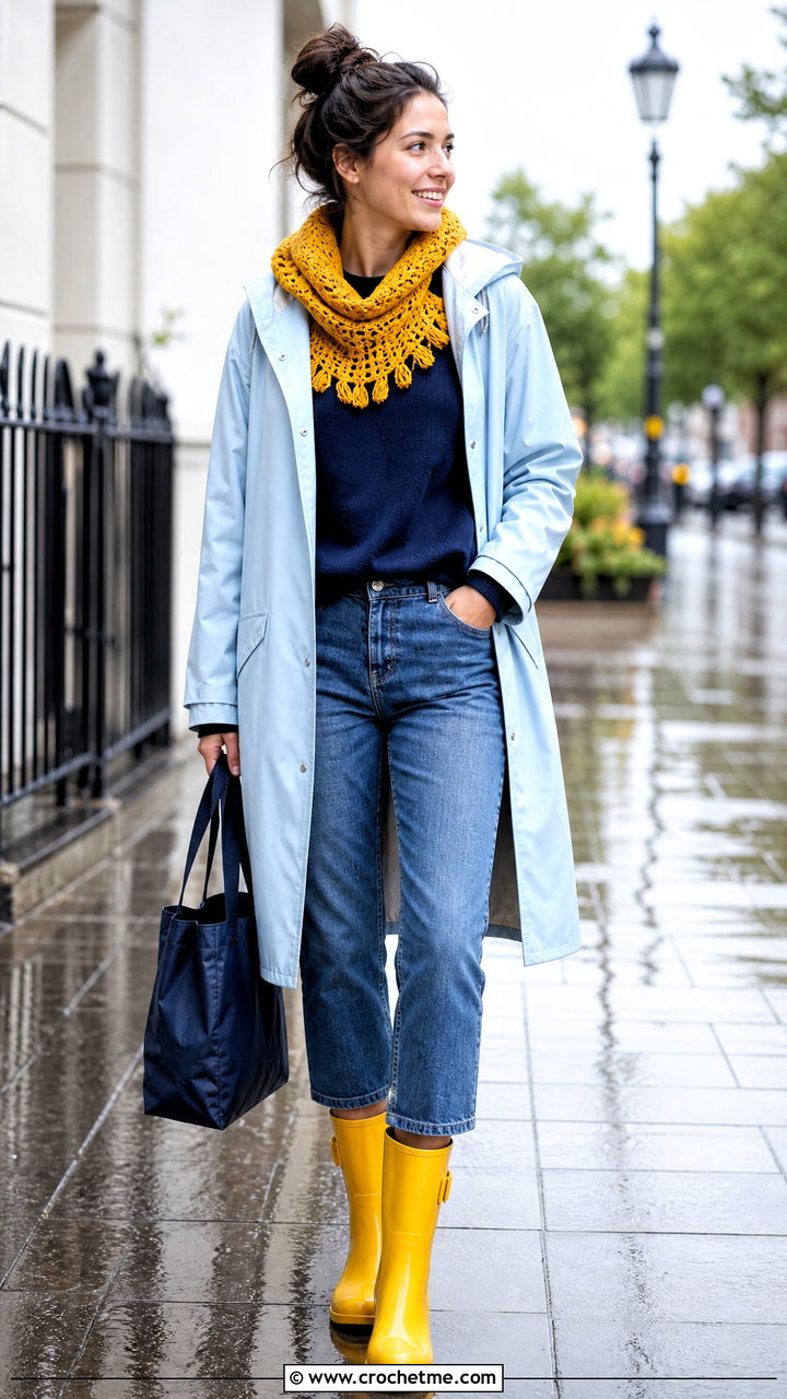 Fringe Trim Crochet Hooded Cowl With Raincoat - 35 crochet hooded cowl outfit ideas