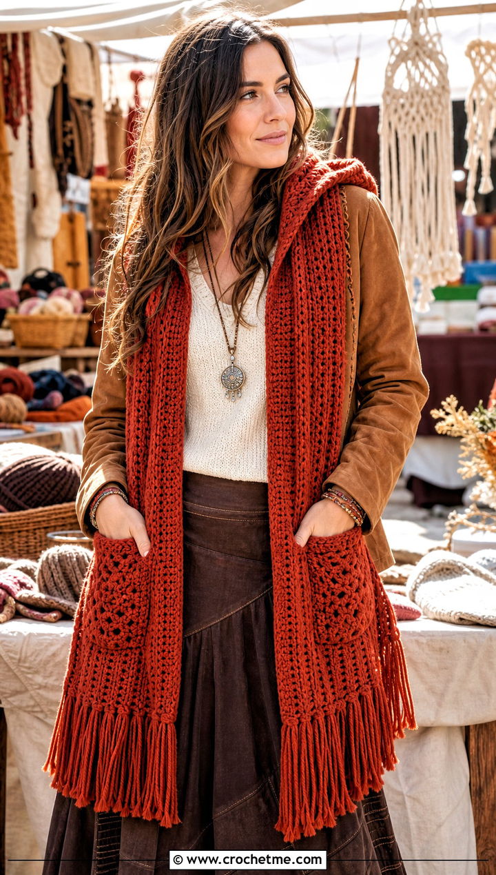 Fringe Trim Crochet Hooded Pocket Scarf With Suede Jacket - 25 crochet hooded pocket scarf outfit ideas