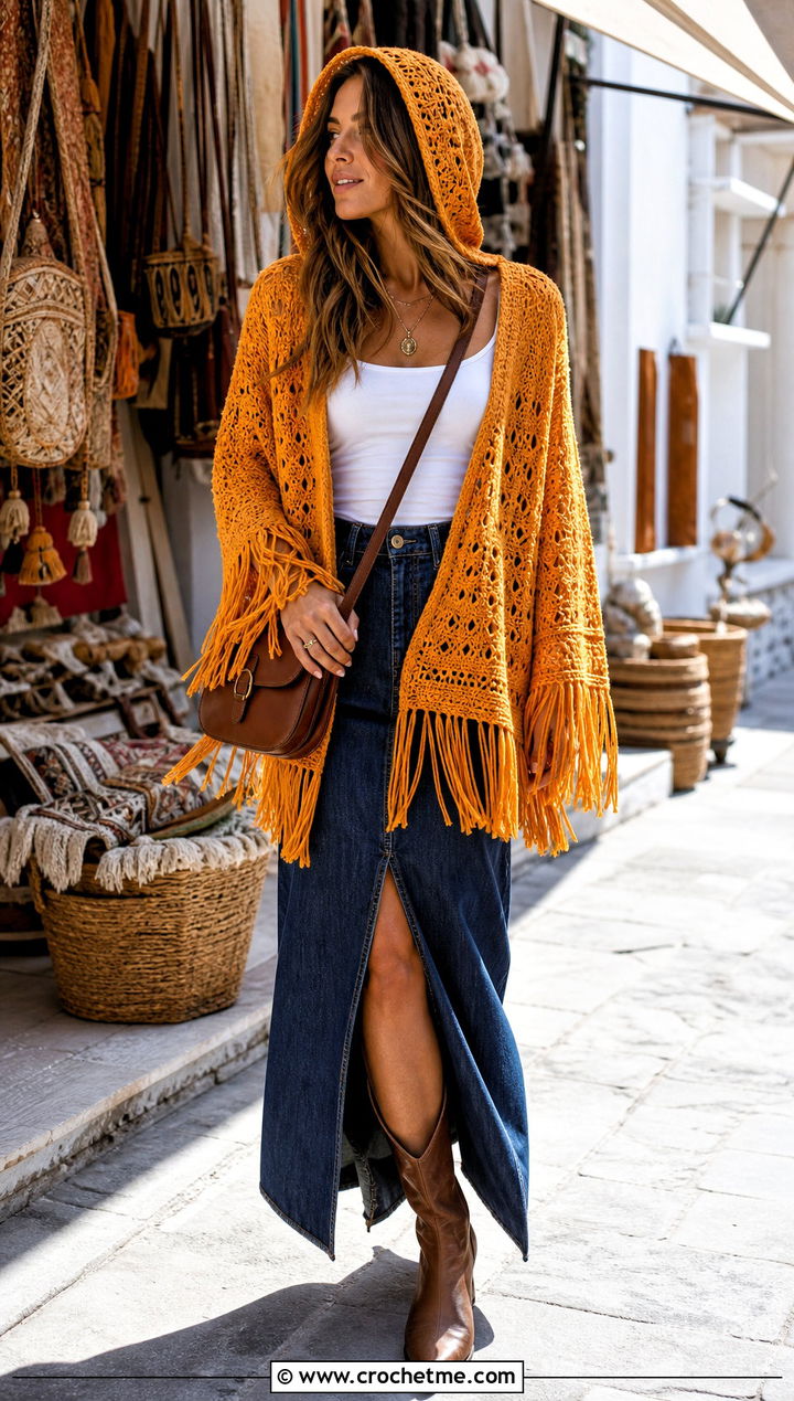 Fringe Trim Crochet Hooded Sweater With Denim Maxi Skirt - 30 crochet hooded sweater outfit ideas