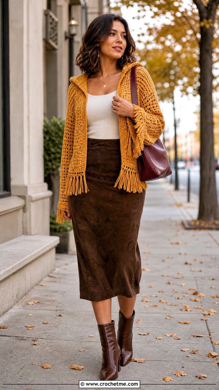 Fringe Trim Crochet Hoodie With Suede Skirt - 35 crochet hoodie outfit ideas