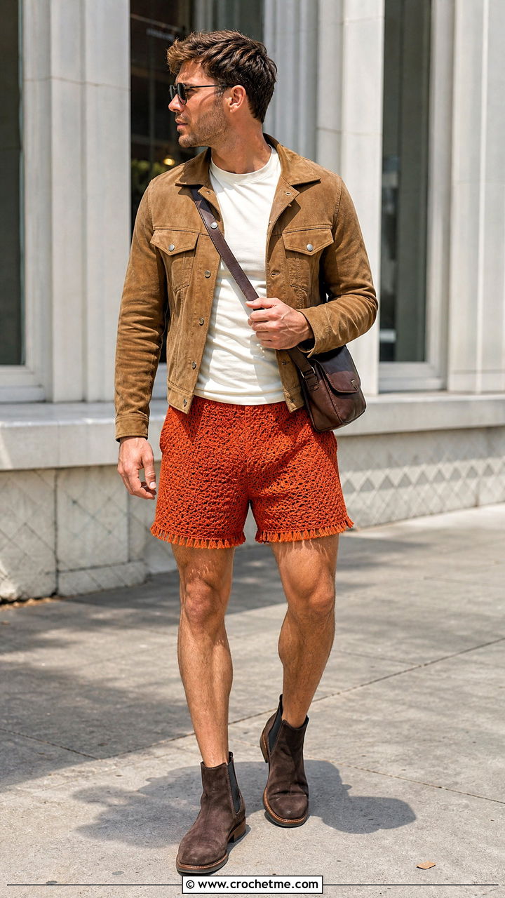 Fringe Trim Crochet Mens Shorts With Suede Jacket - 35 Crochet Mens Shorts outfit ideas